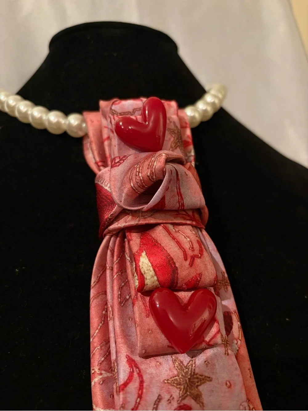 Red Heart Motif Silk Tie Scarf - Women Accessories